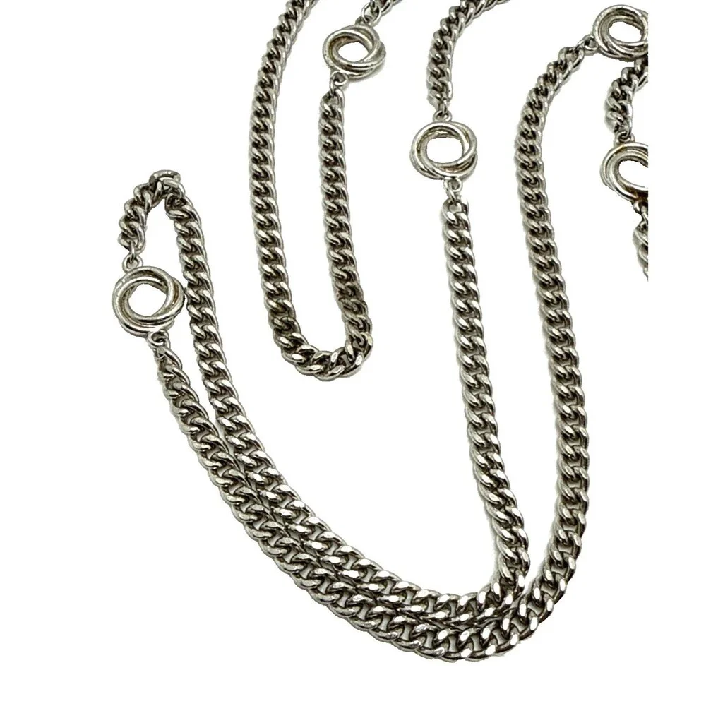 Vintage 70s MONET Silver Tone Station Chain Necklace Double Ring Long Curb 55”